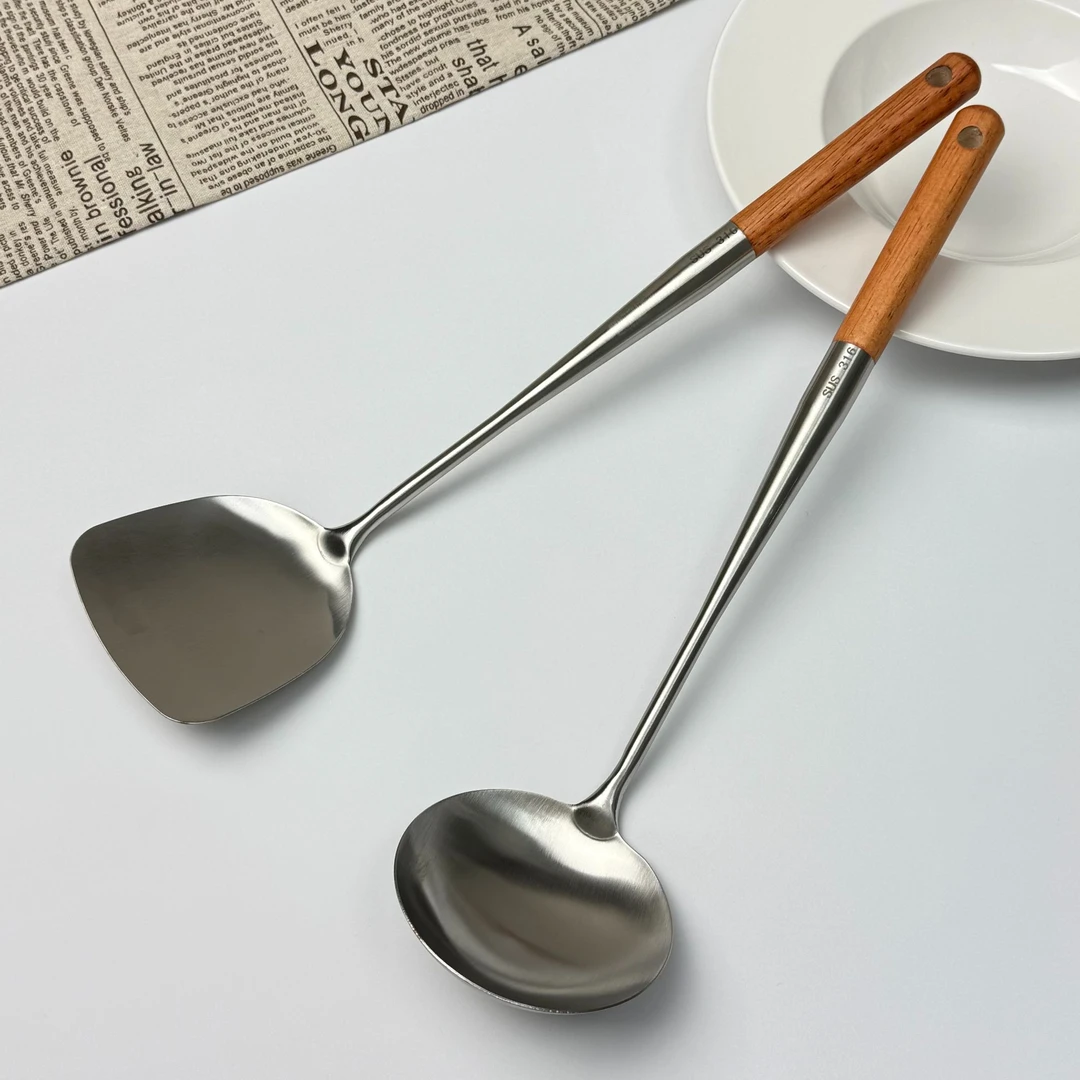 316不锈钢榉木加长柄锅铲厨师炒菜勺厨房炒菜铲