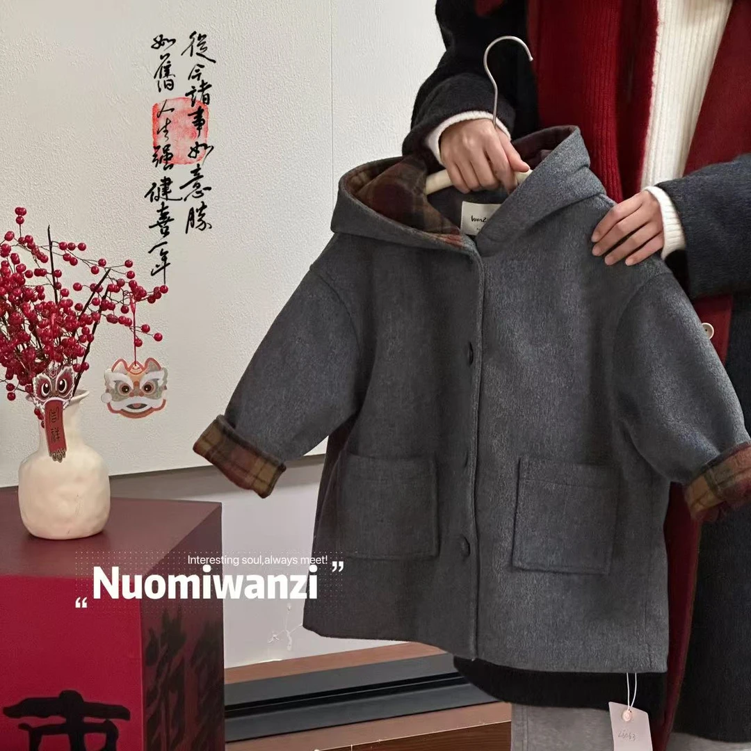 丸子十【现货】儿童韩系百搭格子撞色连帽呢大衣外套（年款）WZJ-6063