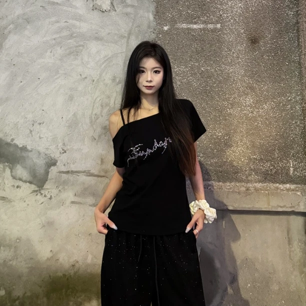 BOUNDARY原创设计反光烫钻印花性感甜辣爵士街舞斜肩T恤