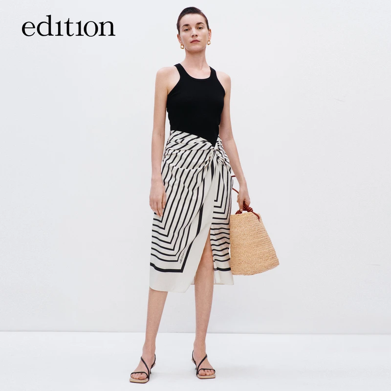 edition度假风连衣裙女夏款针织假两件复古条纹丝巾裙#EBD2DRST54