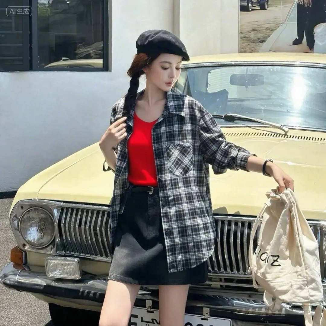 妮妮家7173时尚修身显瘦圆领背心+格子长袖衬衫两件套
