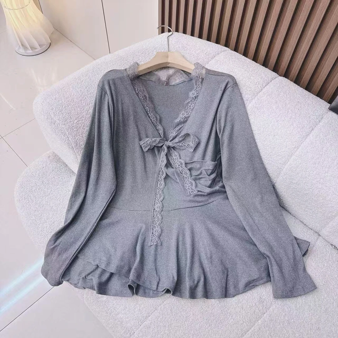 大码胖mm韩系甜美气质温柔系带蕾丝磨毛V领收腰遮肉显瘦长袖上衣