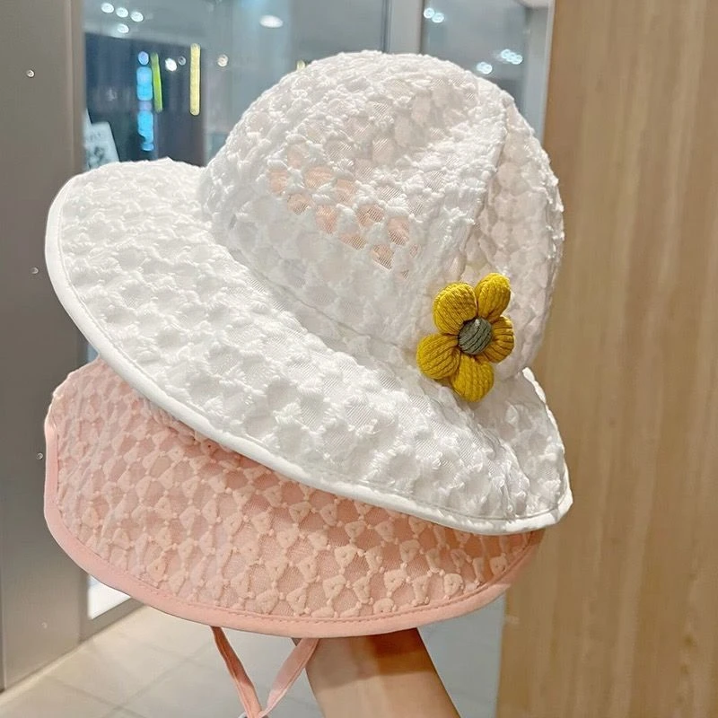 女宝宝遮阳帽子夏季薄款甜美花朵婴儿防晒帽大帽檐可爱女童太阳帽