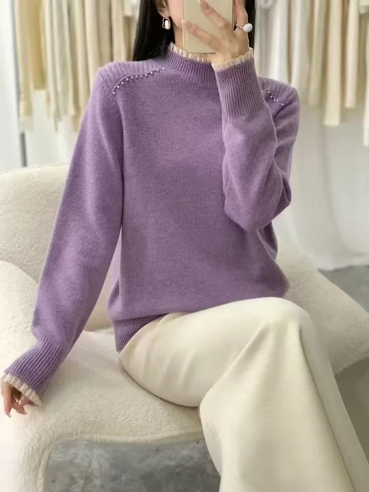 【紫薇】百搭钉珠拼色花边领针织衫打底毛衣上衣5430