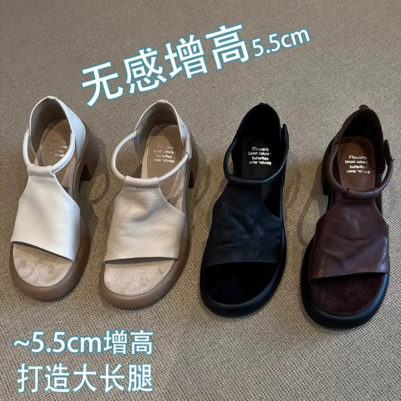 松糕厚底增高露趾凉鞋女款2025新款夏季不累脚休闲沙滩罗马凉鞋子