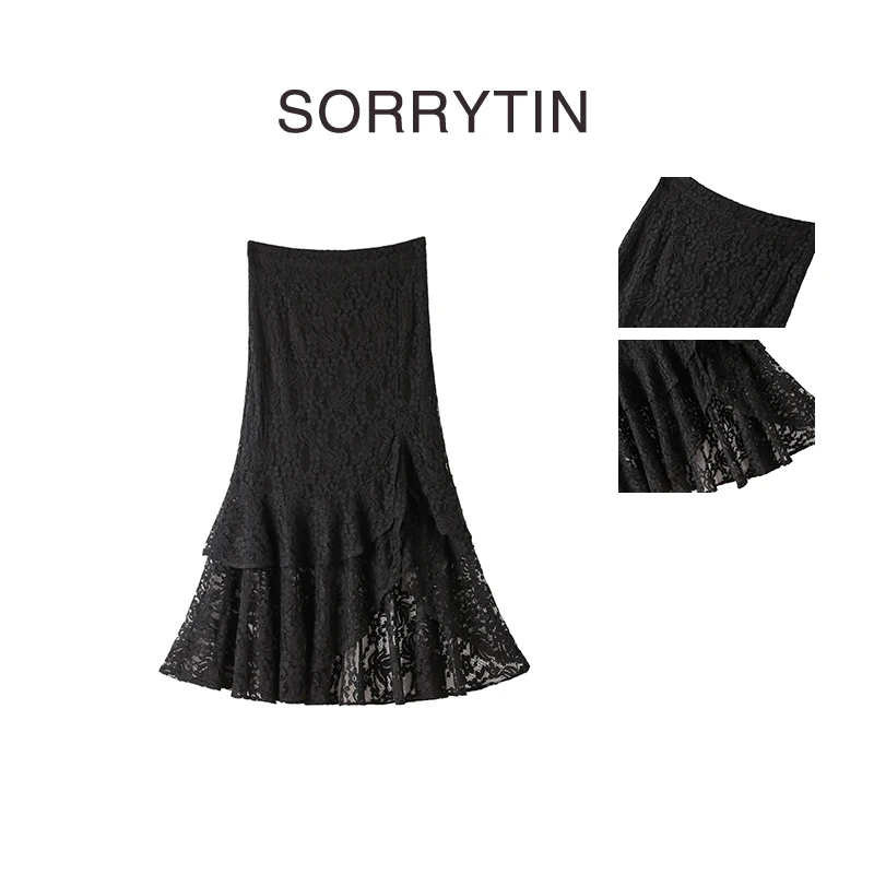 《星夜蝶漪》SORRYTIN 定制黑色蕾丝 显瘦立体斜裁中长款半身裙
