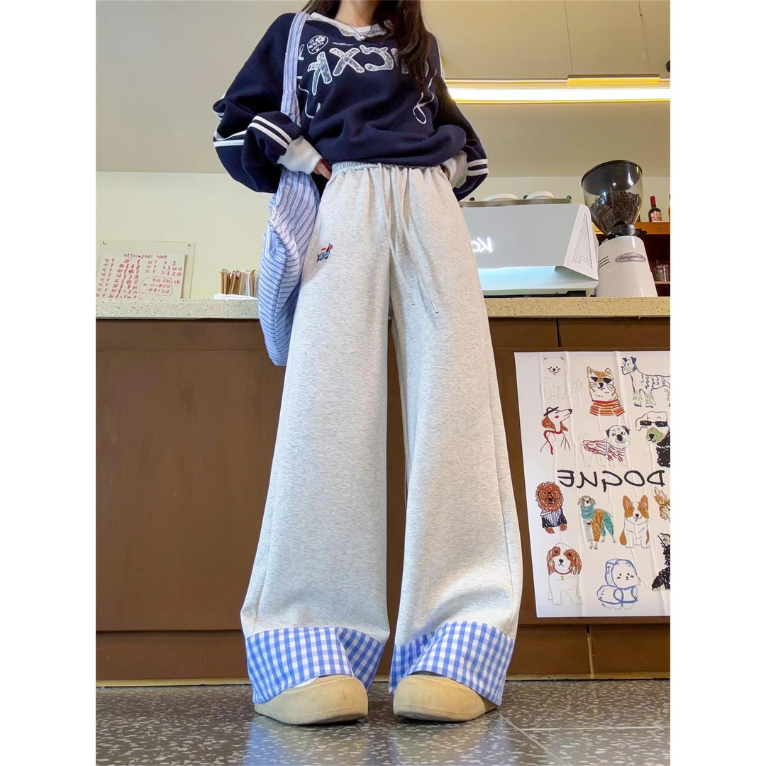 花灰色格子直筒休闲裤女春秋新款小个子慵懒运动卫裤刺绣糯米裤子