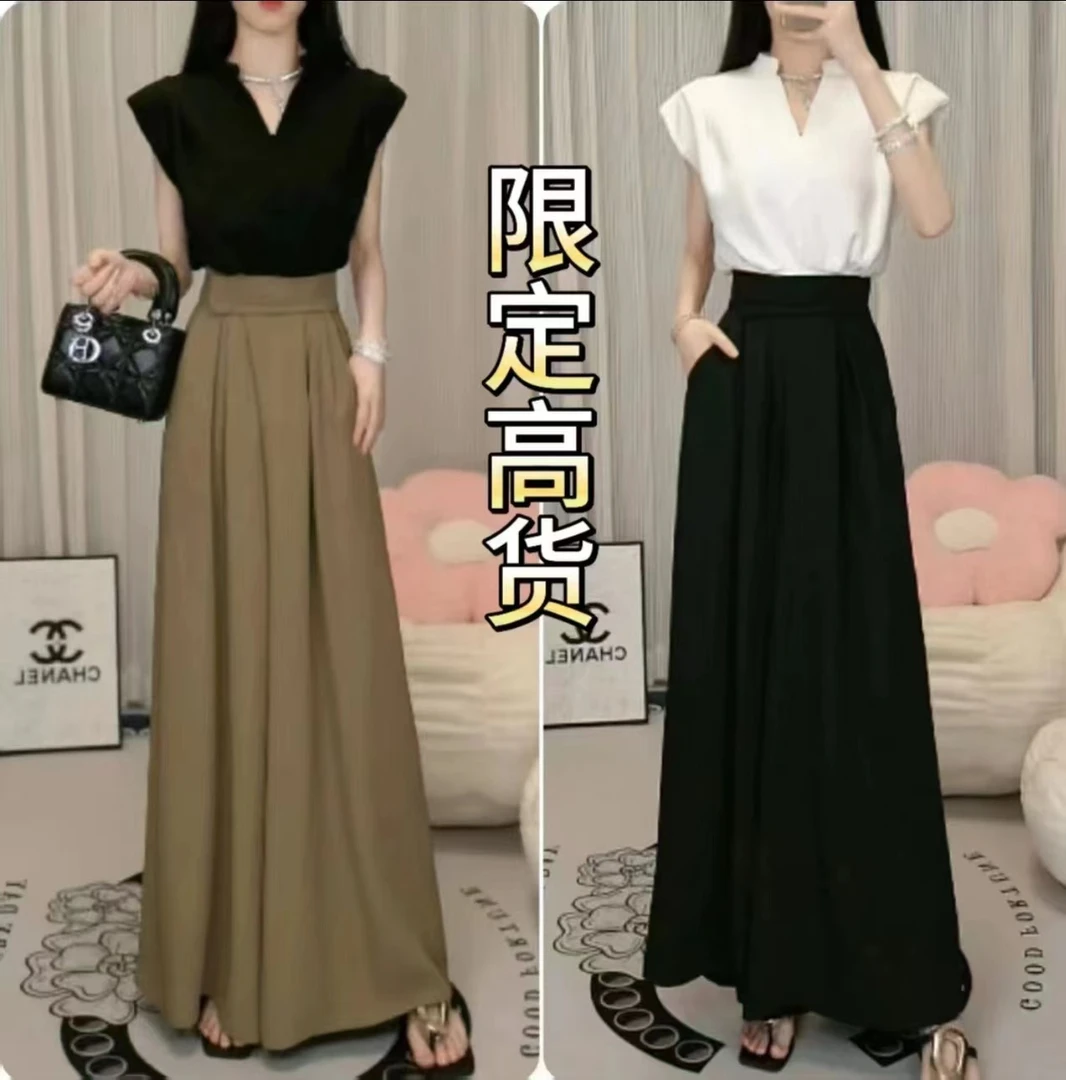 2025春夏新款御姐风气质百搭收腰上衣魔术贴高腰阔腿裤裙裤套装