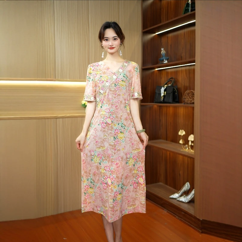 A-217 旗袍夏季洋气新款中式气质连衣裙妈妈显瘦改良旗袍裙