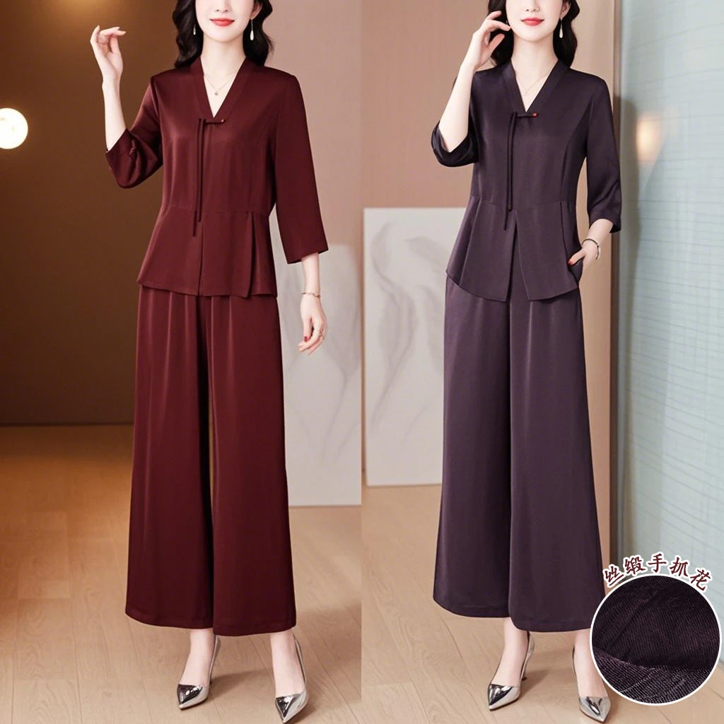 【衣雅严选】8085-1620#夏季新款气质重磅桑丝缎上衣加裤子套装