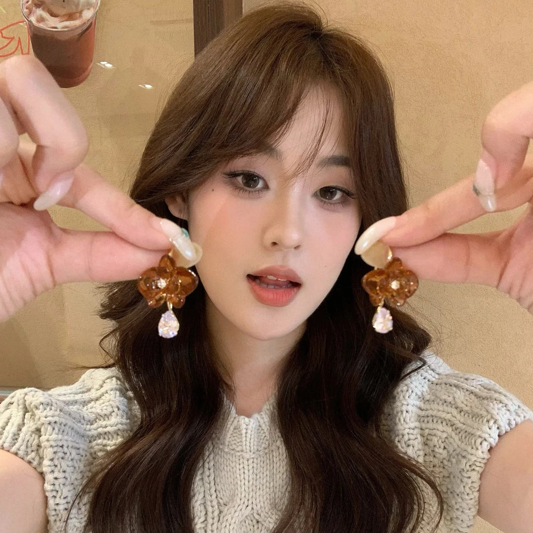 合金锆石耳饰 美拉德棕色花朵耳钉闪锆水滴耳环时尚高级感耳饰