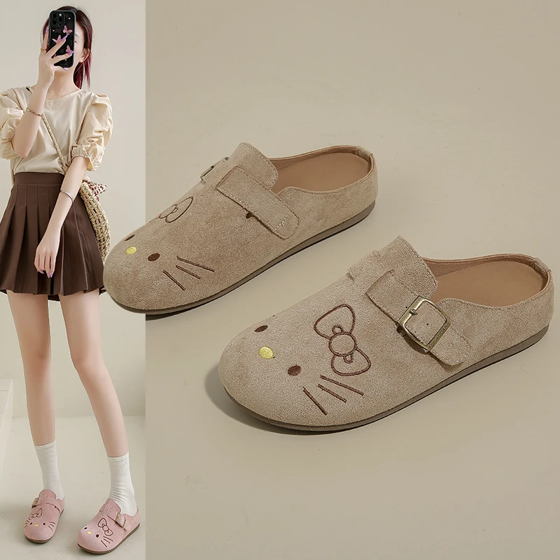 厚底勃肯鞋2025夏季新款百搭休闲Kitty刺绣可爱卡通包头半拖鞋女