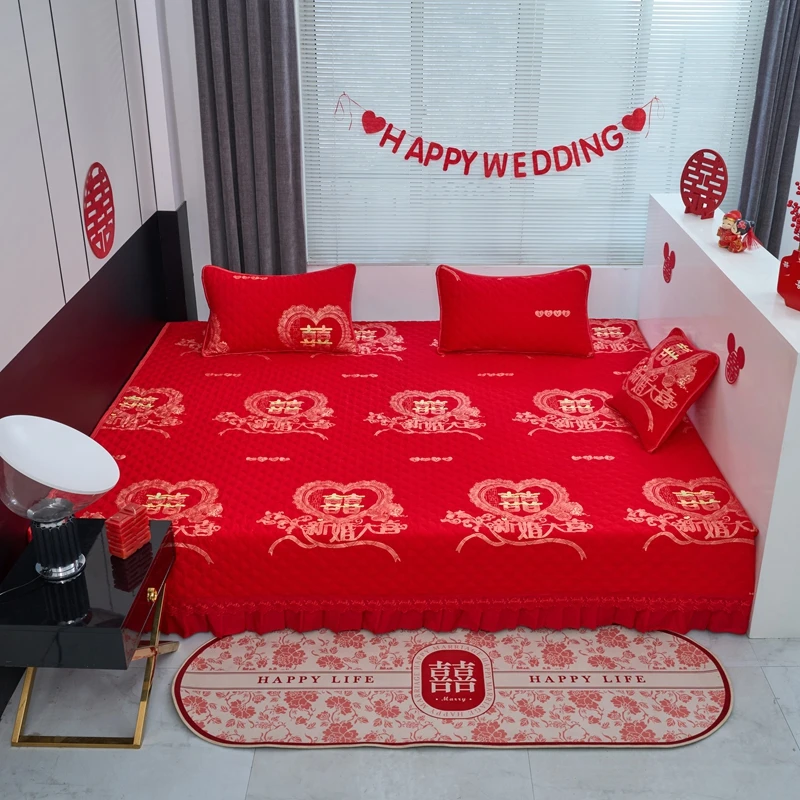 定做高端婚庆榻榻米床盖 纯棉全棉结婚用红色喜事大炕专用床单