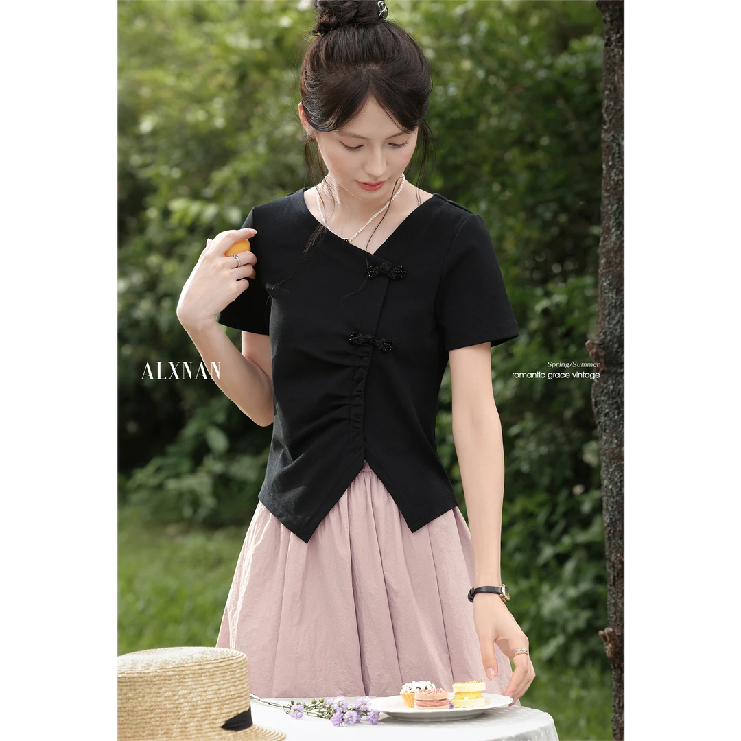 【品牌撤柜款ZB】法式气质优雅不规则黑色V领时髦T恤女短袖夏L55799