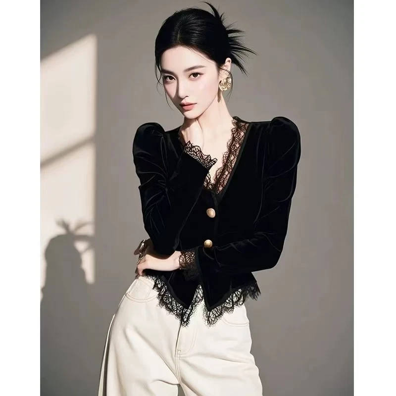 SS5551欧货女装时尚高级感丝绒蕾丝秋冬打底衫修身显瘦百搭上衣