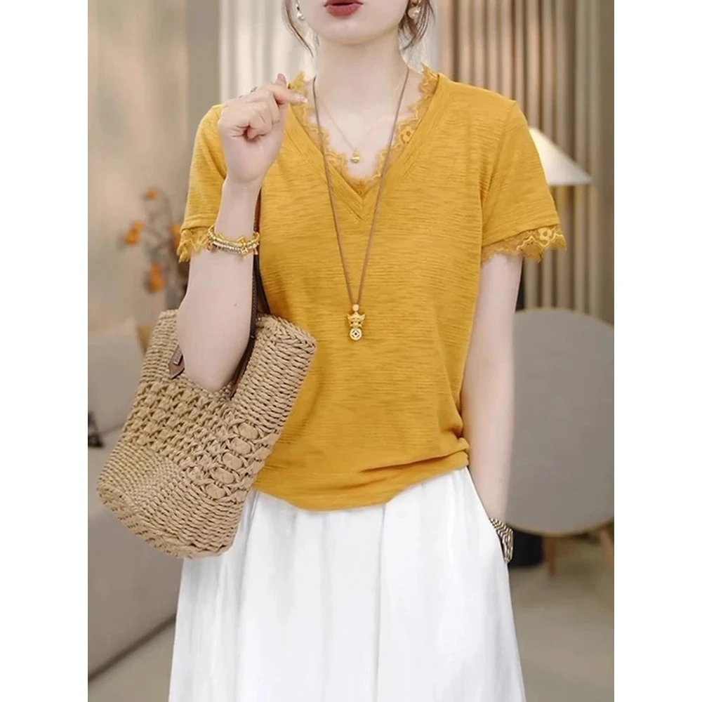 2025夏季新款独特别致打底衫上衣纯欲风大码蕾丝拼接V领短袖T恤女