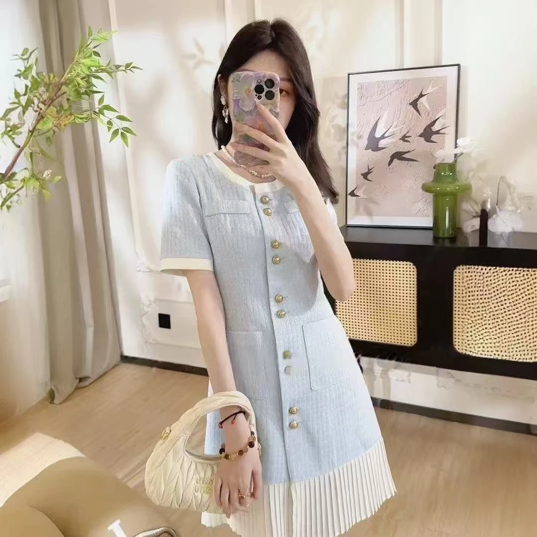 大码女装夏季小香风气质名媛连衣裙减龄显瘦拼接假两件高级感裙子