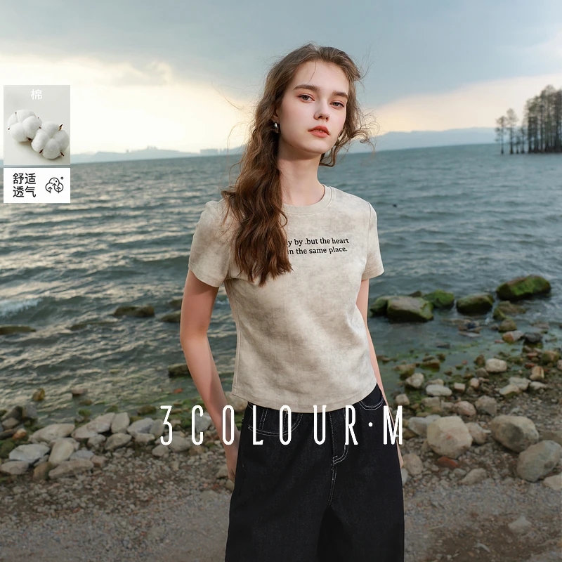 三彩2025夏季新款仿扎染印花T恤字母圆领正肩短袖上衣废土风女M