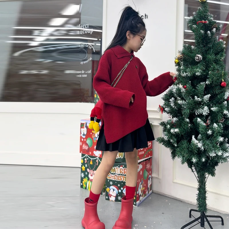 【毛妈潮牌】女童时髦慵懒风毛衣百褶裙套装2025新款冬季加厚两件套