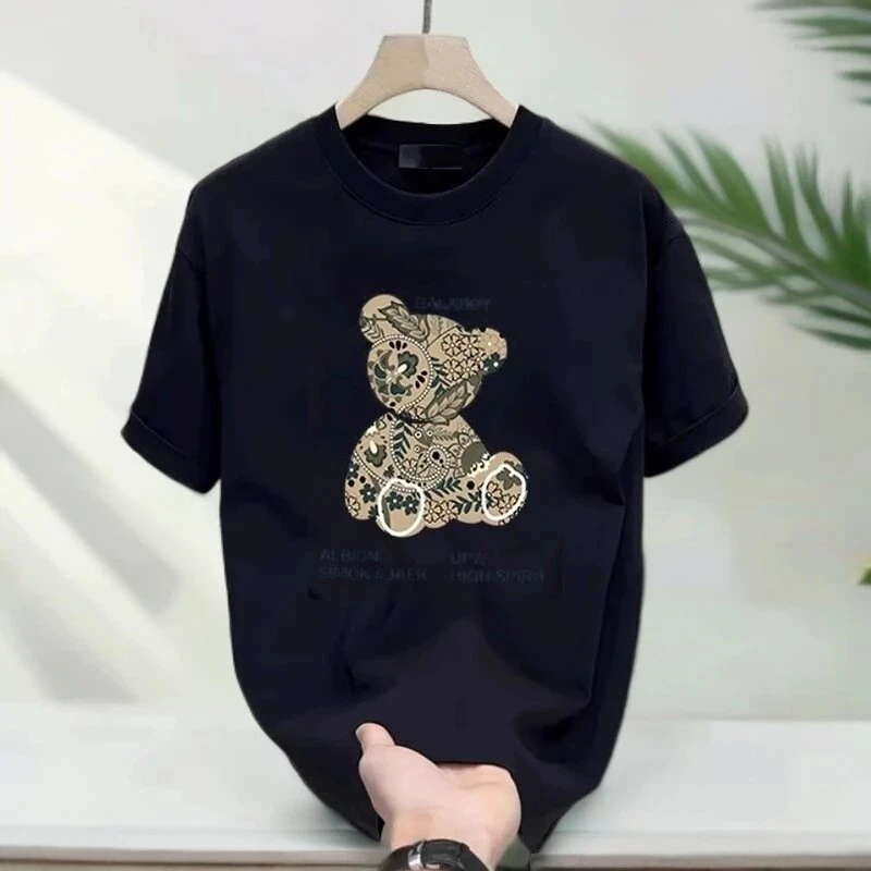 仓石一树潮牌美式T恤小熊印花男士2025夏季圆领宽松百搭短袖上衣