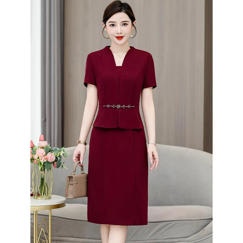 妈妈假两件显瘦遮肚包臀连衣裙女夏装喜婆婆婚宴装高端洋气婚礼服