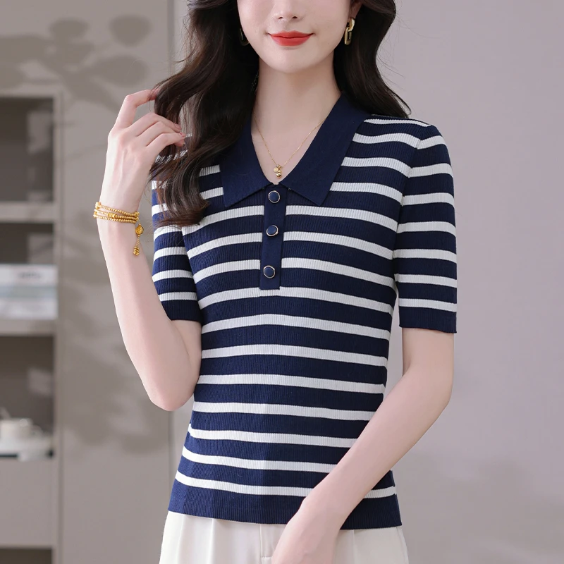 夏季大码Polo领针织衫女士宽松显瘦条纹上衣休闲百搭薄款短袖T恤