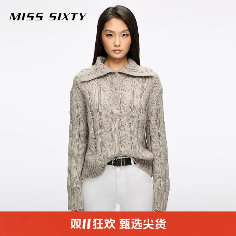 Miss Sixty2025冬季新款针织衫女polo领羊毛棉混纺长袖短款毛衣
