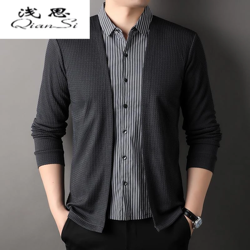 2024年春秋男士假两件针织开衫时尚百搭衬衫领外套纯色