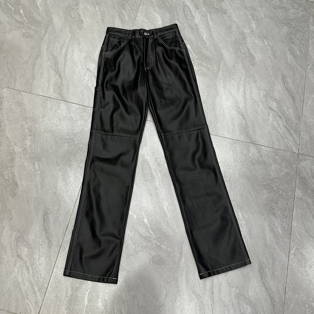 黑色高腰明线拼接设计直筒皮裤10201