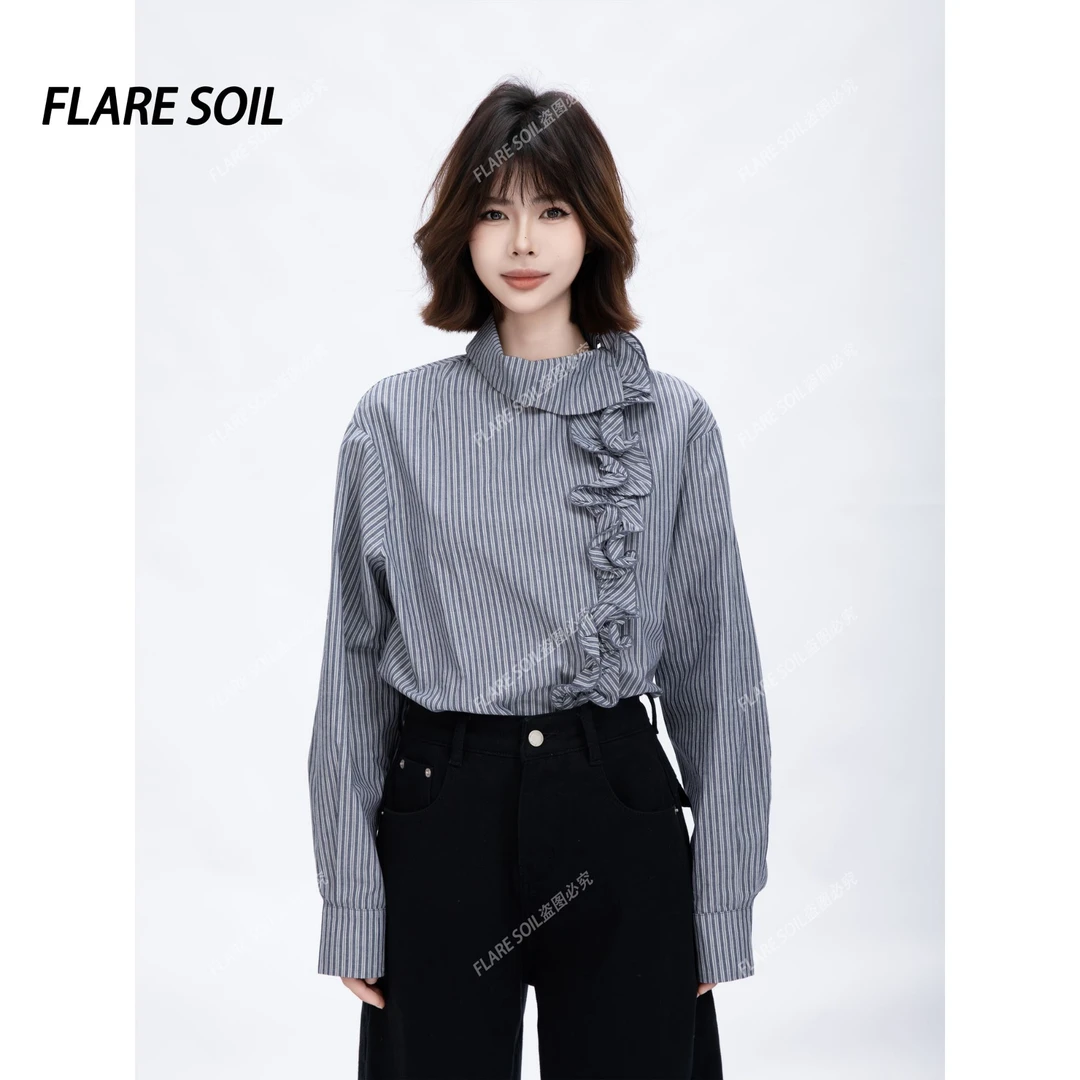 【FLARE SOIL】（现货）木耳花边衬衫法式不规则条纹秋款衬衣 T4794A