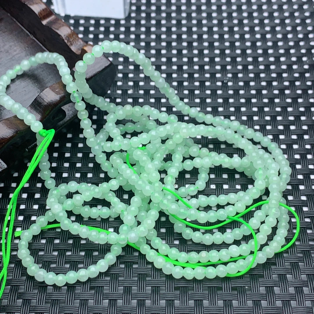 卡3+mm缅甸天然翡翠a货圆珠小米珠项浅绿色链珠链挂坠珠串长链