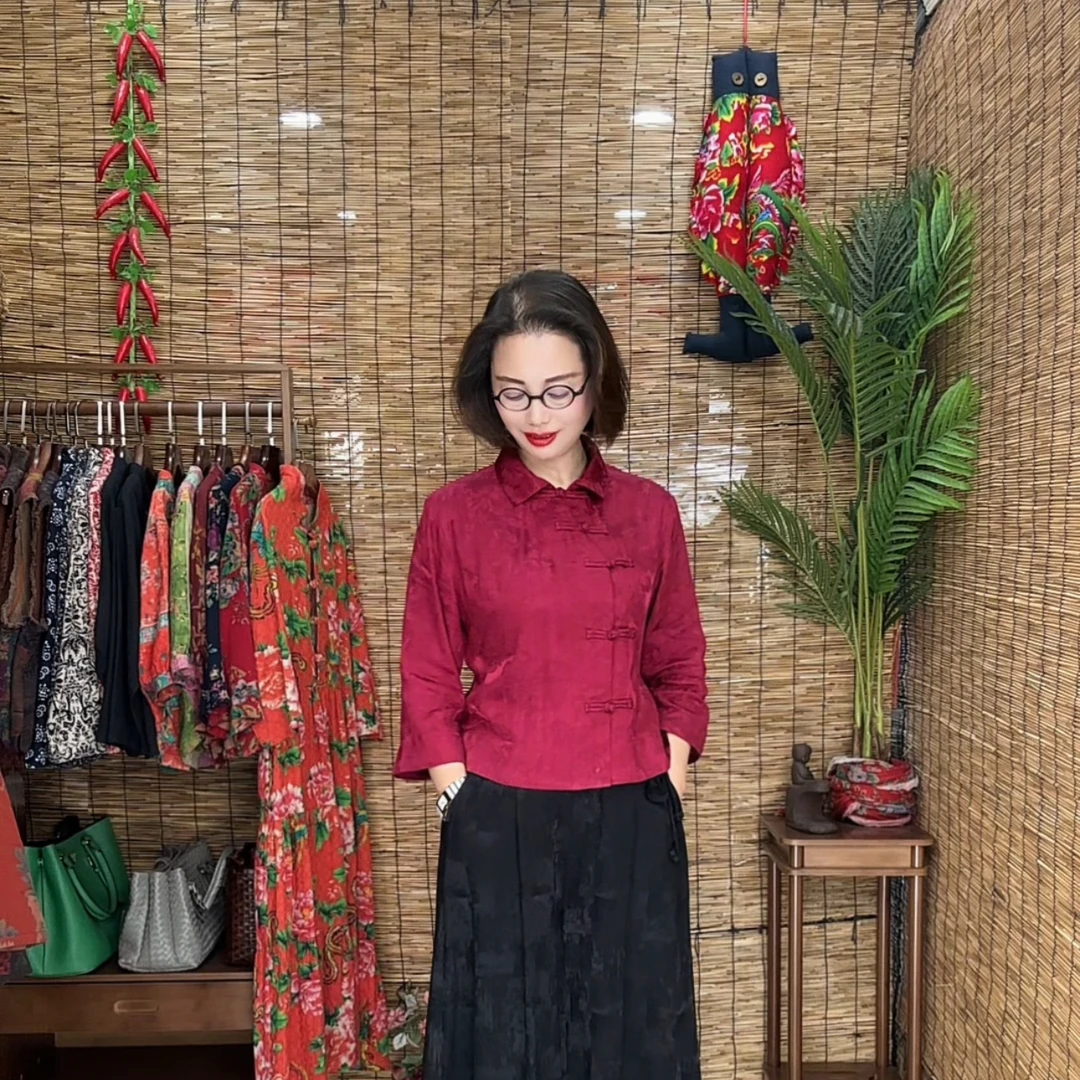 印花提花丝棉小斜襟盘扣九分袖新中式国风春秋装休闲上衣3408