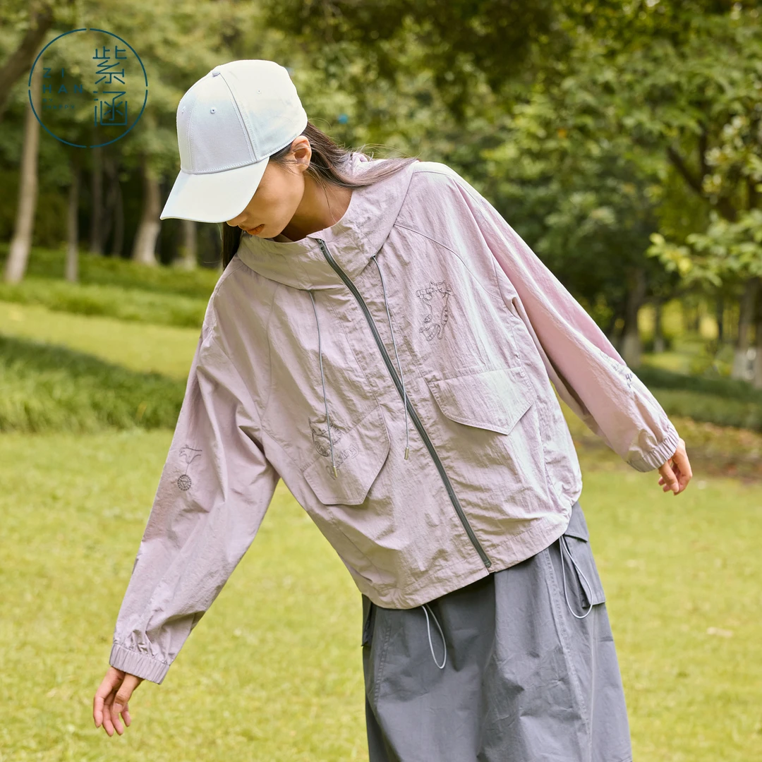 紫涵立领连帽工装短外套女2025年秋季褶皱感拉链上衣Z5Z06AN192