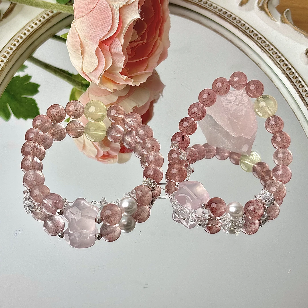 【双丰收】粉晶星星草莓晶8-9mm手串面小仙多样性发其一