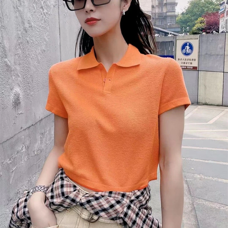 商场同款25夏季休闲修身上衣纯色POLO衫翻领针织短袖T恤女5399480