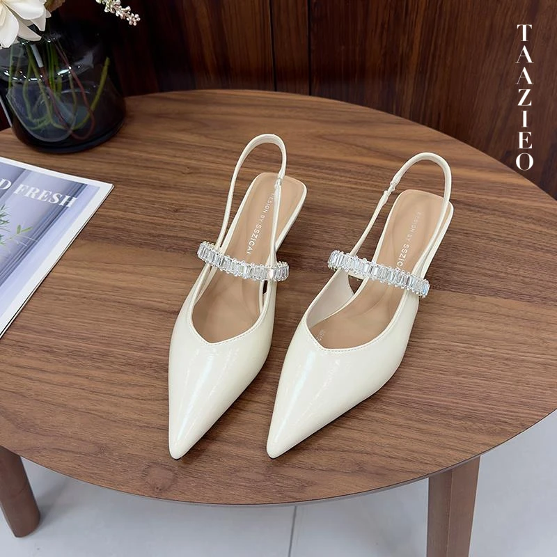 TAAZIEO法式尖头高跟鞋女一字带夏季白色单鞋2025新款爆款包头后