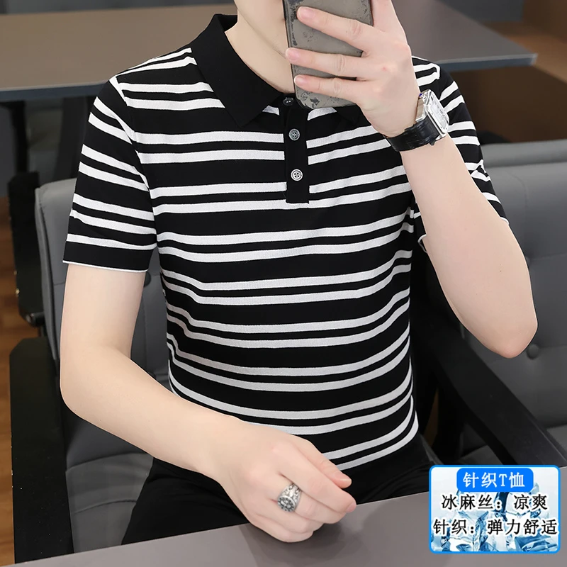 夏季拼色条纹标准夏季短袖Polo衫半袖凉爽翻领t恤修身polo