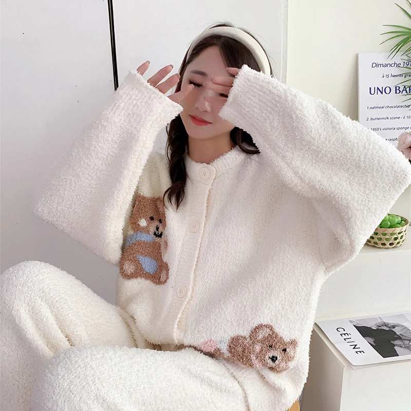 韩系可爱开衫家居服套装秋冬小香风甜美长袖长裤睡衣加厚两件套