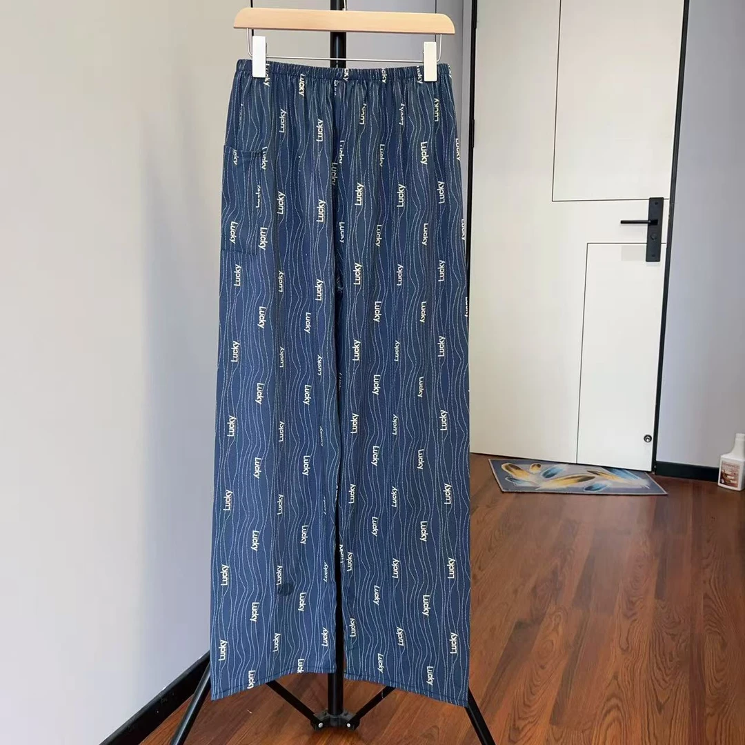 棉绸睡裤男士春夏薄家居裤大码直筒裤印花可外穿人造长棉裤防蚊裤