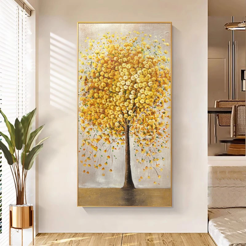 黄金发财树手绘油画招财发财树入户玄关装饰画竖版走廊过道挂画