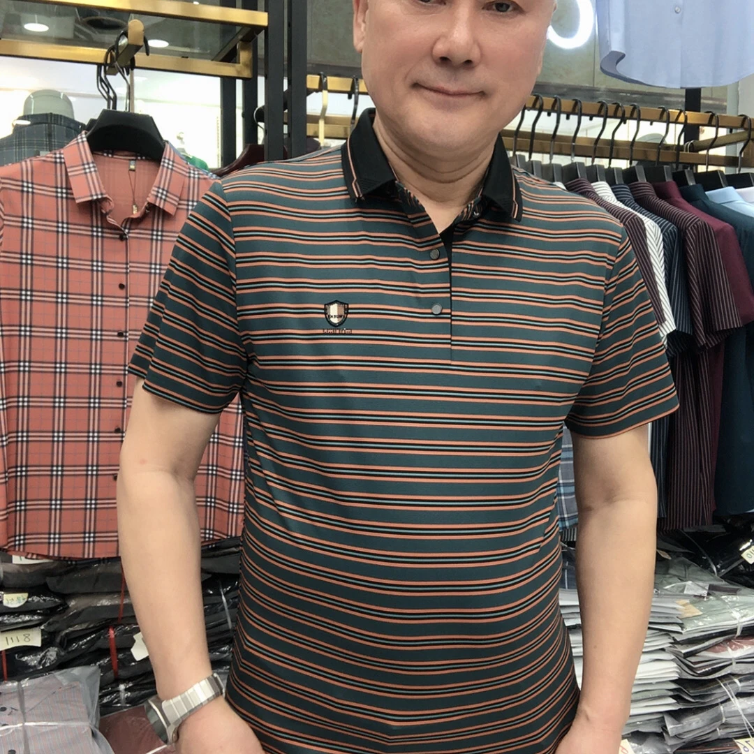 6223华）条纹几何夏季短袖纽扣Polo衫上衣衬衫休闲polot恤中年