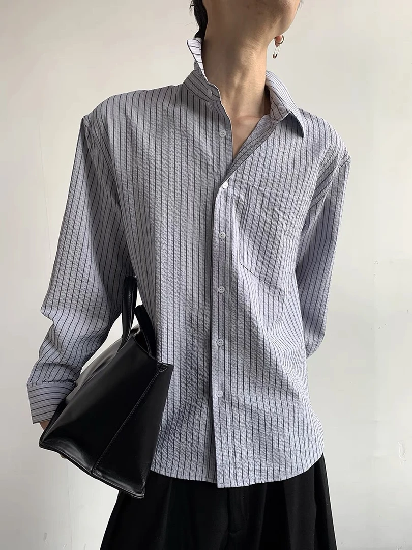 美式复古百搭休闲条纹衬衫慵懒风褶皱设计感衬衣高级感男女