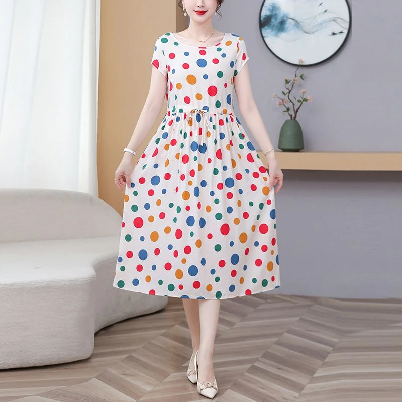 夏季棉绸连衣裙女士时尚外穿中长款短袖收腰显瘦大码过膝碎花裙子