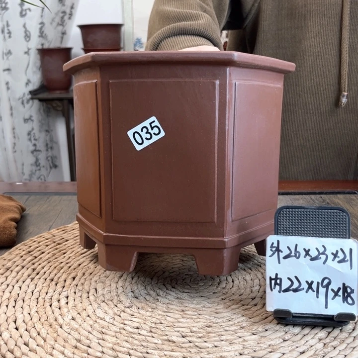 紫砂花盆精品紫泥奎面直角六方035