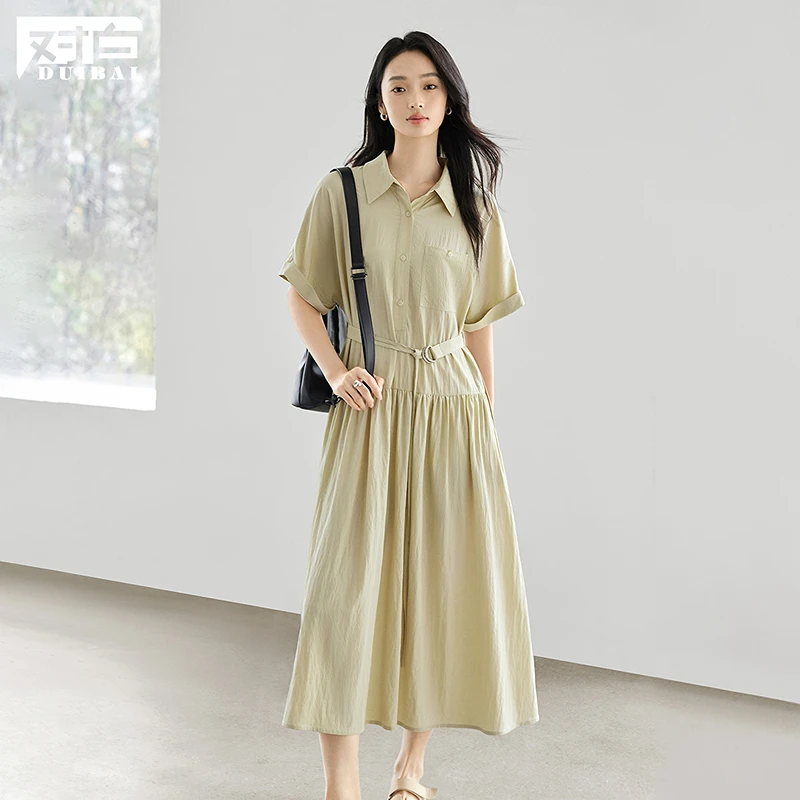 对白莱赛尔短袖衬衫连衣裙女2025夏季新款法式通勤风宽松收腰长裙