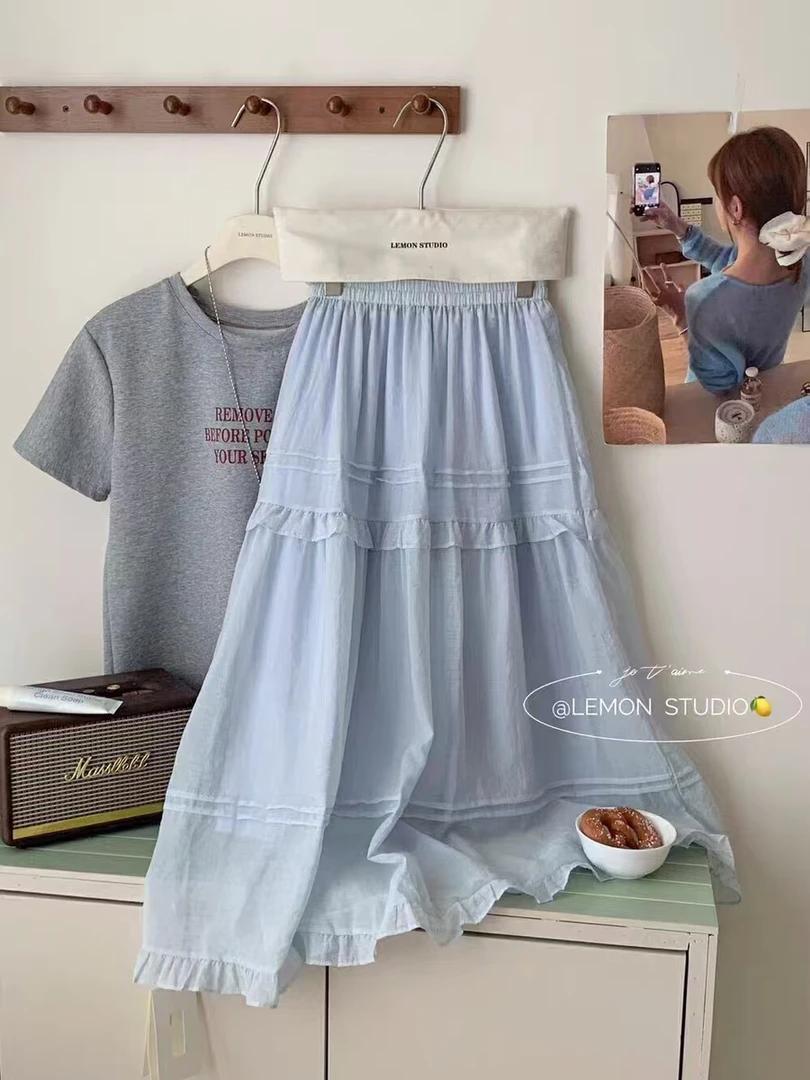 夏季韩版时尚慵懒风木耳边半身裙女夏新款韩版百搭休闲中长A字裙