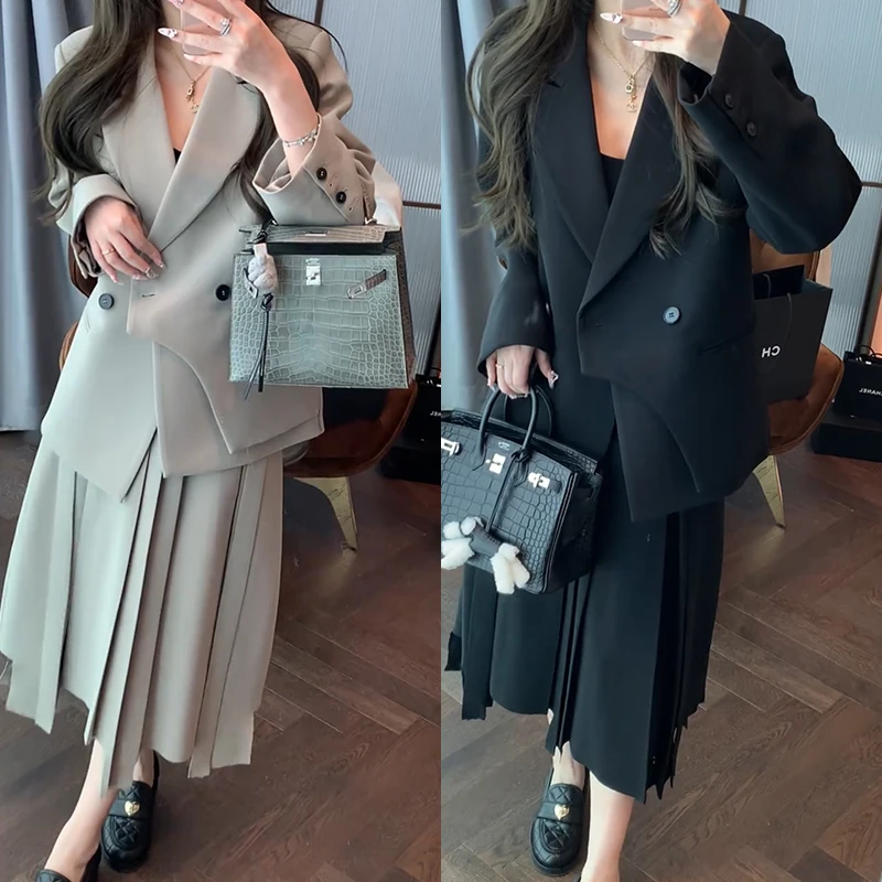 【mimius】&七七 法式学院风设计感不规则西装+百褶半裙 G02089