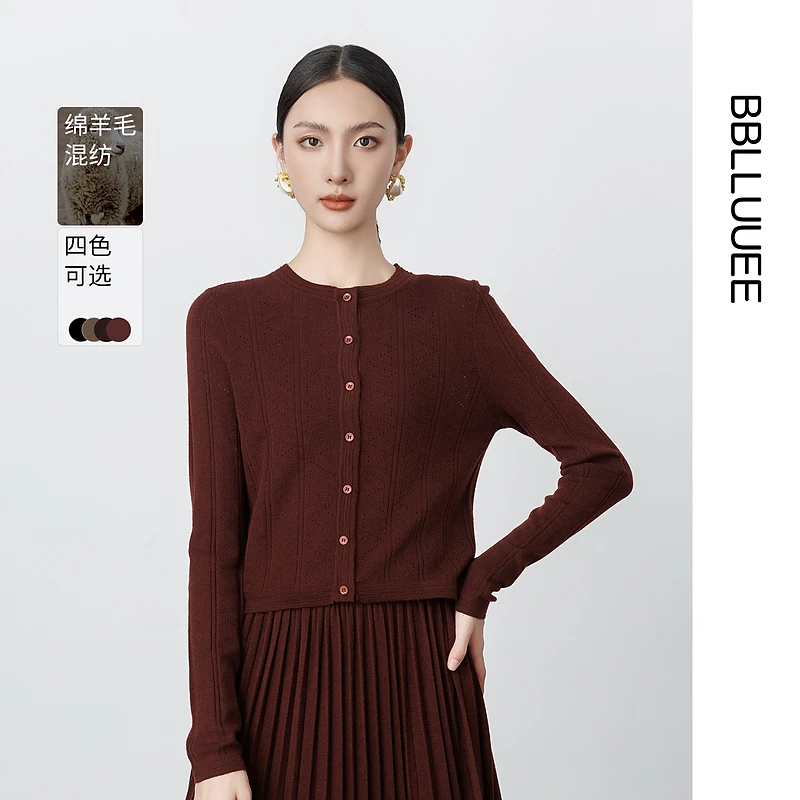 【晨晨精选】【复古羊毛小开衫】BBLLUUEE粉蓝衣橱压线百搭休闲短款修