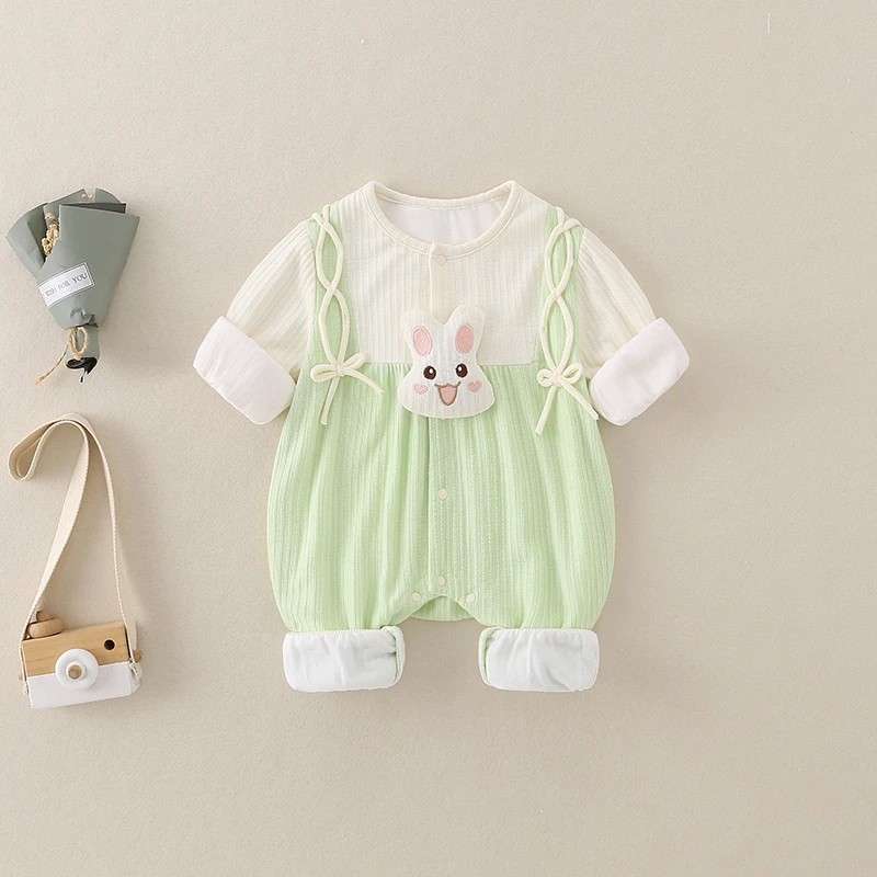 婴儿春装双层连体衣洋气兔耳朵女宝宝长袖满月外出服哈衣爬爬垫