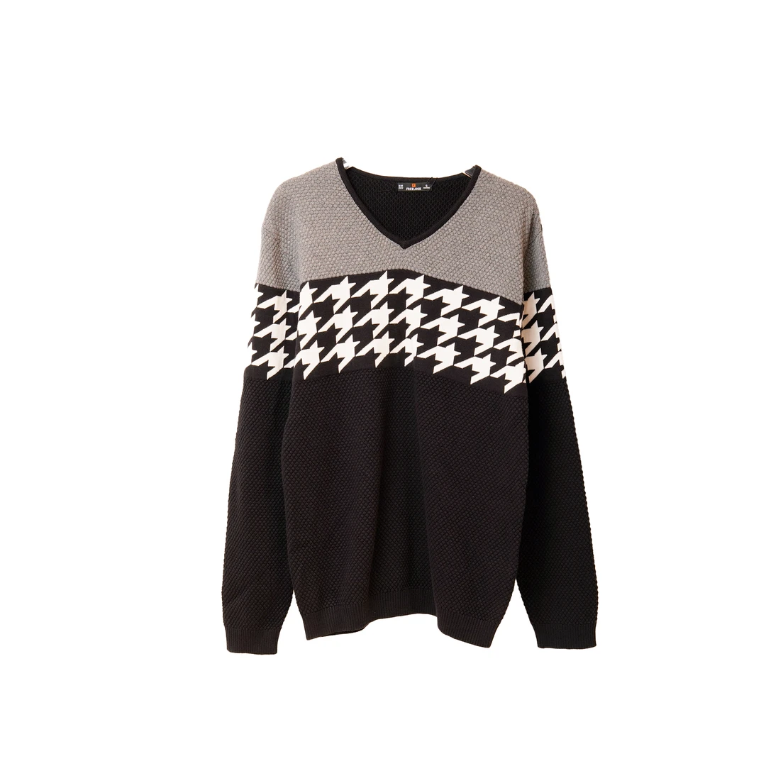 F5VB6585#提花毛衣针织衫宽松百搭V领秋冬拼接格纹打底男女同款